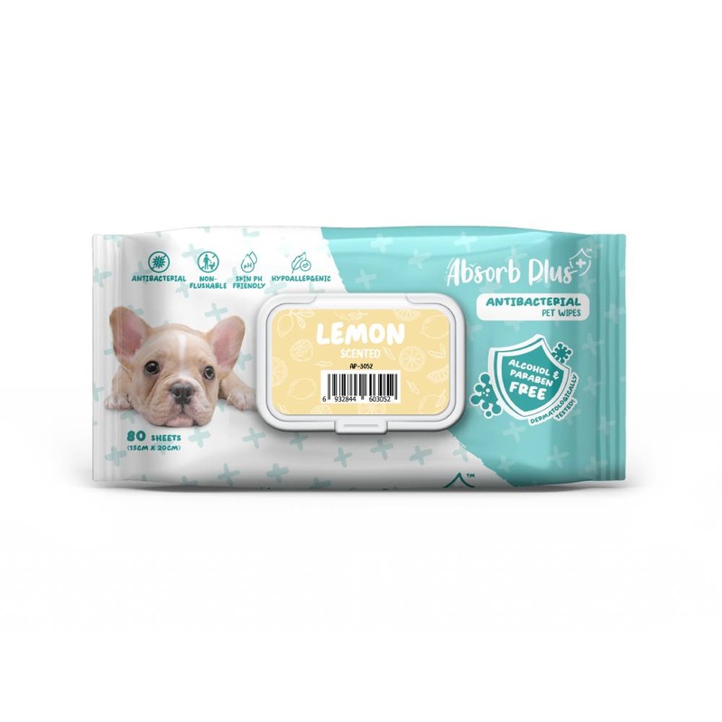 Absorb Plus AntiBacterial Pet Wipes Lemon Scented 15cm x 20cm – 80sheets
