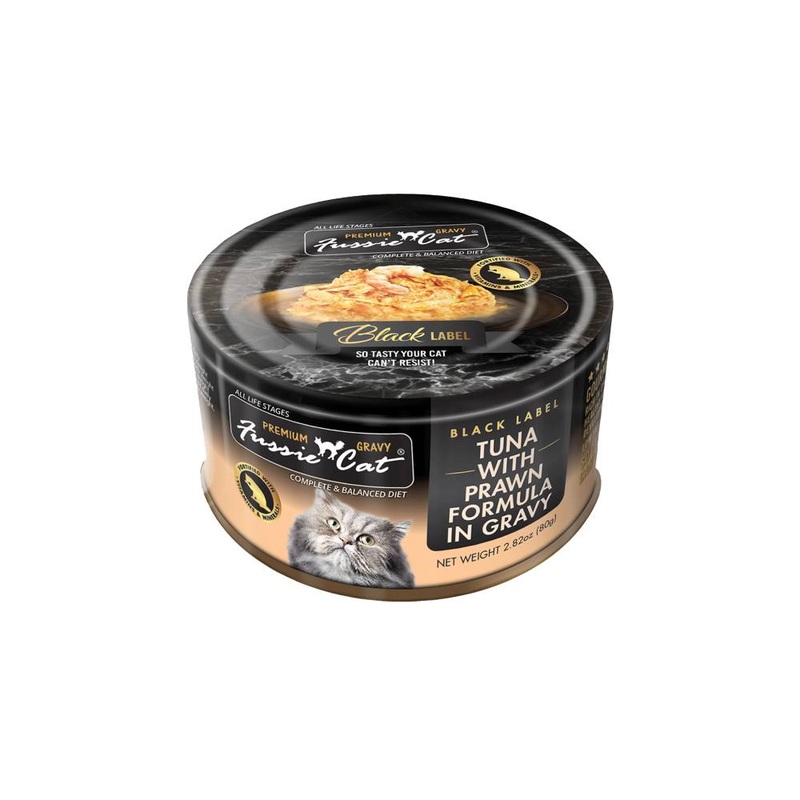 *DONATION TO THE CAT MUSEUM* Fussie Cat Black Label Tuna with Prawn in Gravy 80g