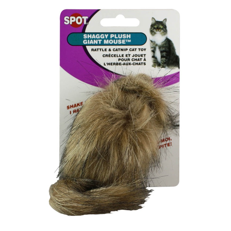Spot Shaggy Plush Giant Mouse Rattle & Catnip Cat Toy Brown 8.5 in Giant