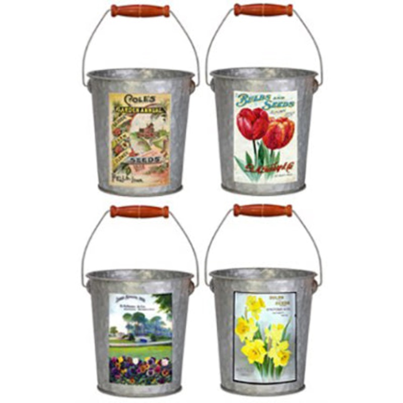 VINTAGE SEED PACK BUCKET WOOD HANDLES 7 IN