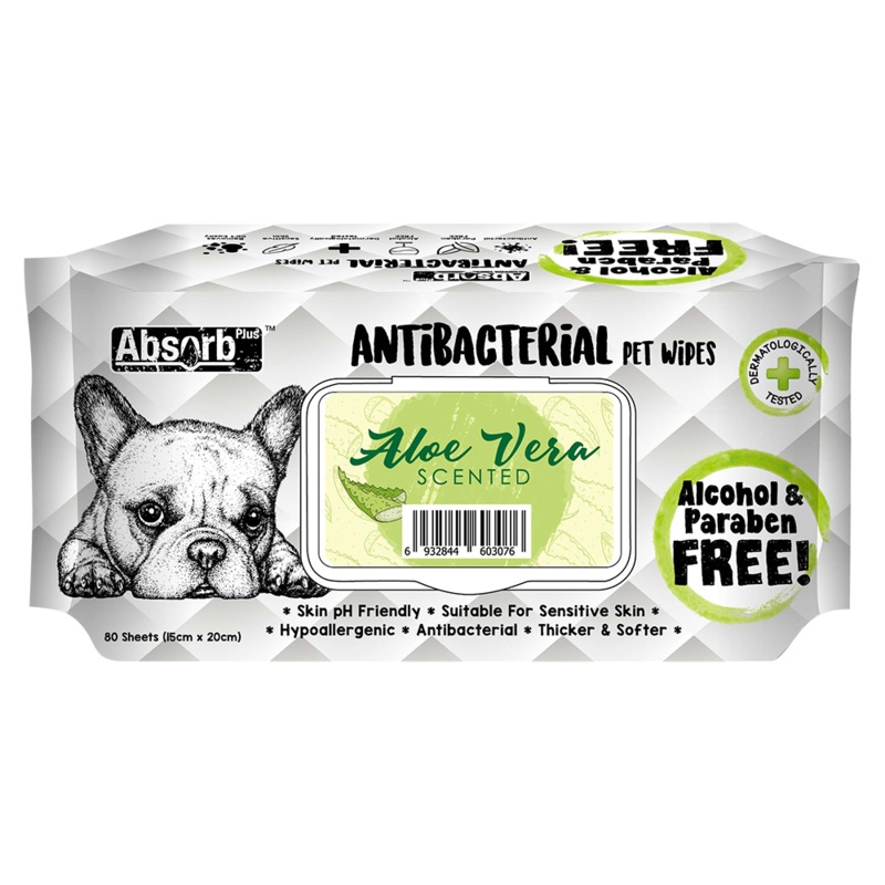 Absorb Plus AntiBacterial Pet Wipes Aloe Vera Scented 15cm x 20cm – 80sheets
