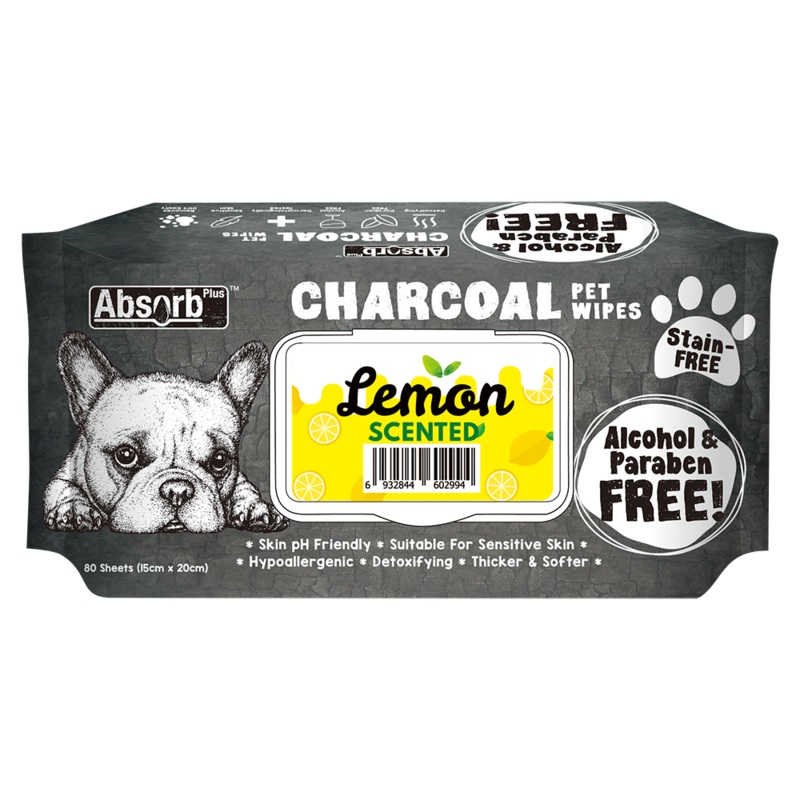 Absorb Plus Charcoal Pet Wipes Lemon Scented 15cm x 20cm – 80sheets