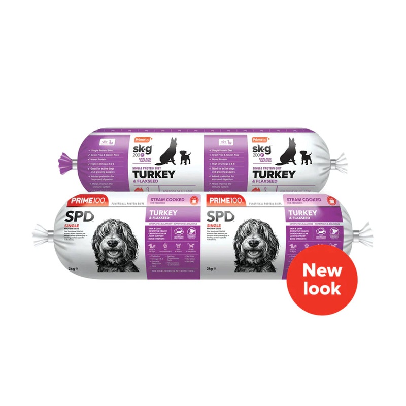 *CHILLED* Prime100 Dog SPD – Turkey & Flaxseed Cooked Roll 2kg