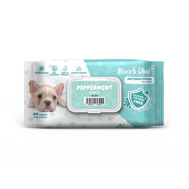 Absorb Plus AntiBacterial Pet Wipes Peppermint Scented 15cm x 20cm – 80sheets