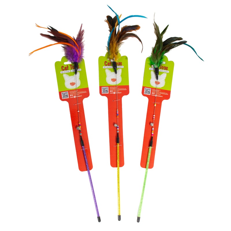 Farm Company Cat stick with spring, tinkle bells and feathers – 47 cm –