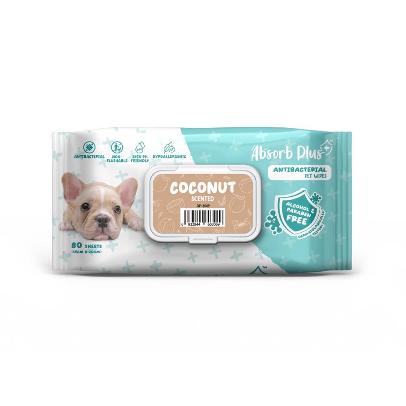 Absorb Plus AntiBacterial Pet Wipes Coconut Scented 15cm x 20cm – 80sheets
