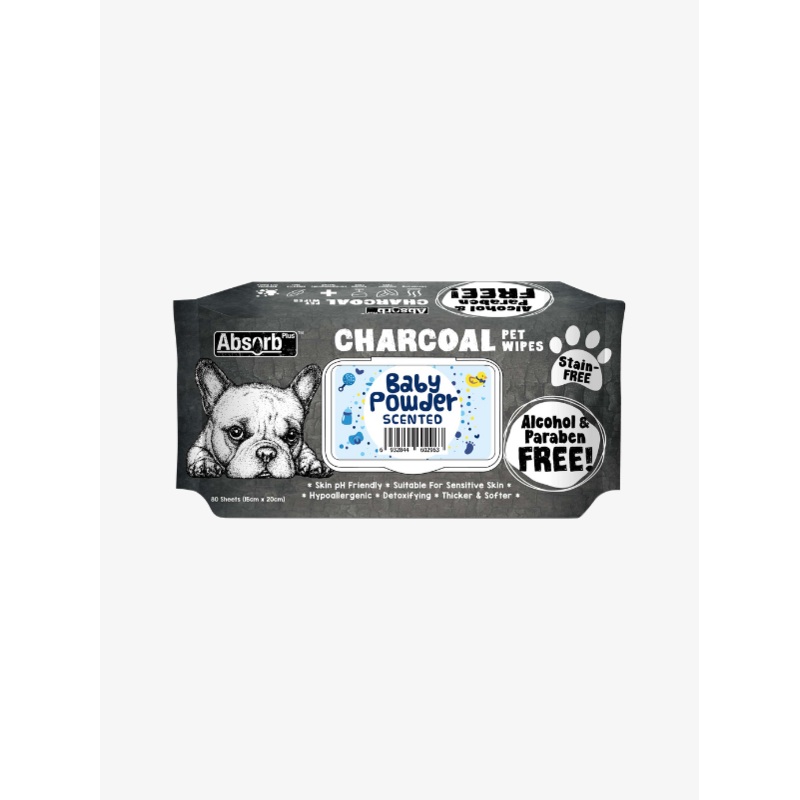 Absorb Plus Charcoal Pet Wipes  Baby Powder (80pcs) | Alcohol & Paraben Free