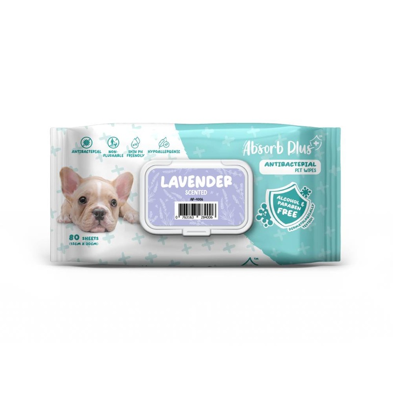 Absorb Plus AntiBacterial Pet Wipes Lavender Scented 15cm x 20cm – 80sheets