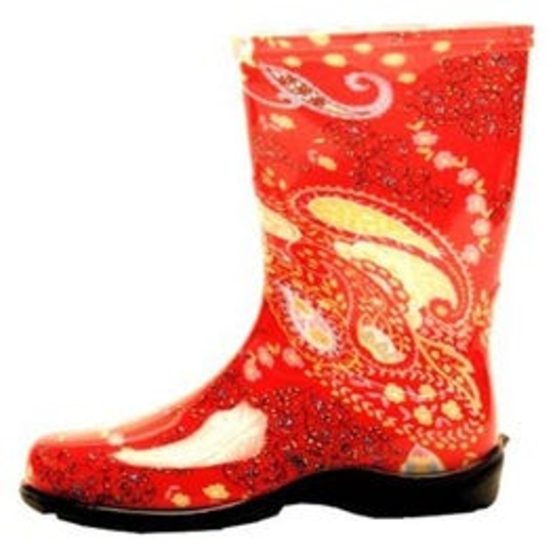 Women’s Rubber Boot, Tall Paisley Red Print Rubber, Size 6