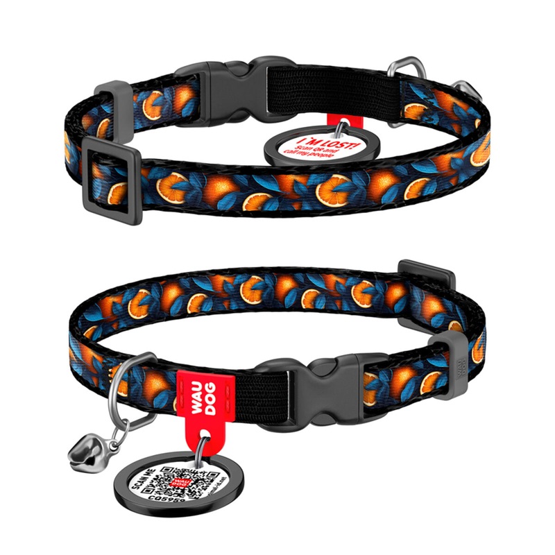 WAUDOG NYLON CAT COLLAR WITH QR PASSPORT, ORANGES DESIGN