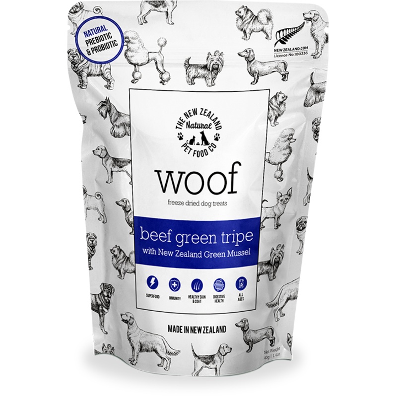 Woof Freeze-Dried Beef Green Tripe with NZ Green Mussel Dog Treat 40g